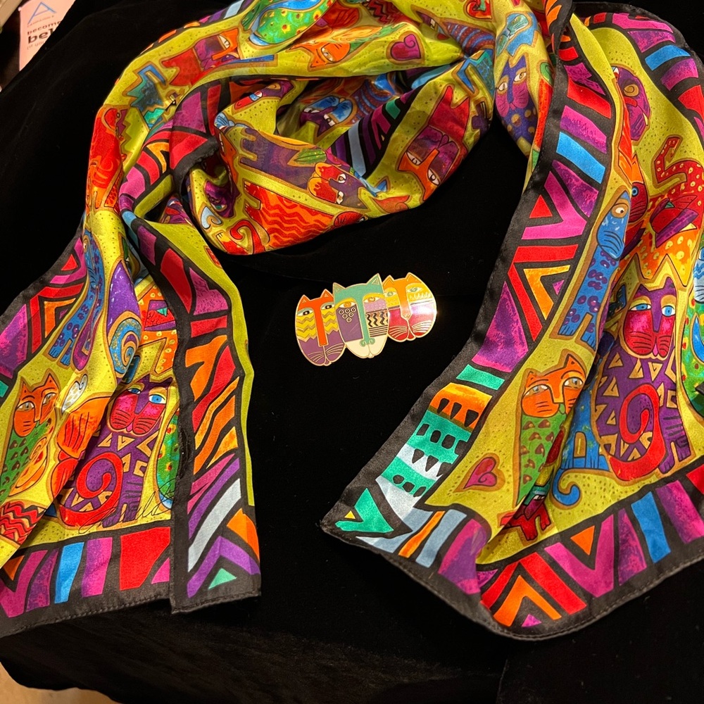 Laurel Burch “Native Cats” Brooch and Silk Scraf (2 items)
